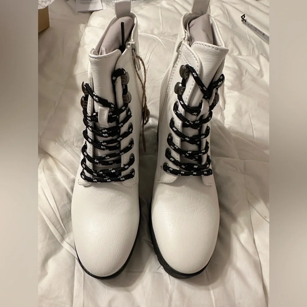 Seven7 White and Black Lug Heel Ankle Boots